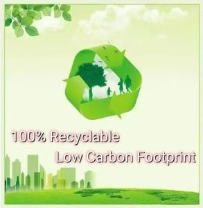 A simple image combining a recyclable symbol and a downward-trending carbon footprint graph.