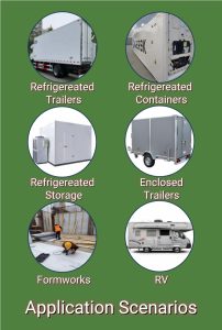 A picture depicting various settings where PET foam panels are utilized, including refrigerated trailers, containers and storage, RV, and construction formworks, etc.