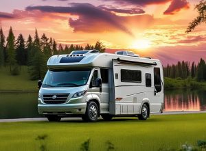 A camper van stands serenely bathed in the golden hues of the setting sun, its silhouette sharp and inviting against the painted sky.