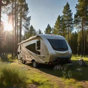 A sleek and fashionable towed camper van parked at the edge of a dense forest, with lush trees and tranquil natural scenery in the background.